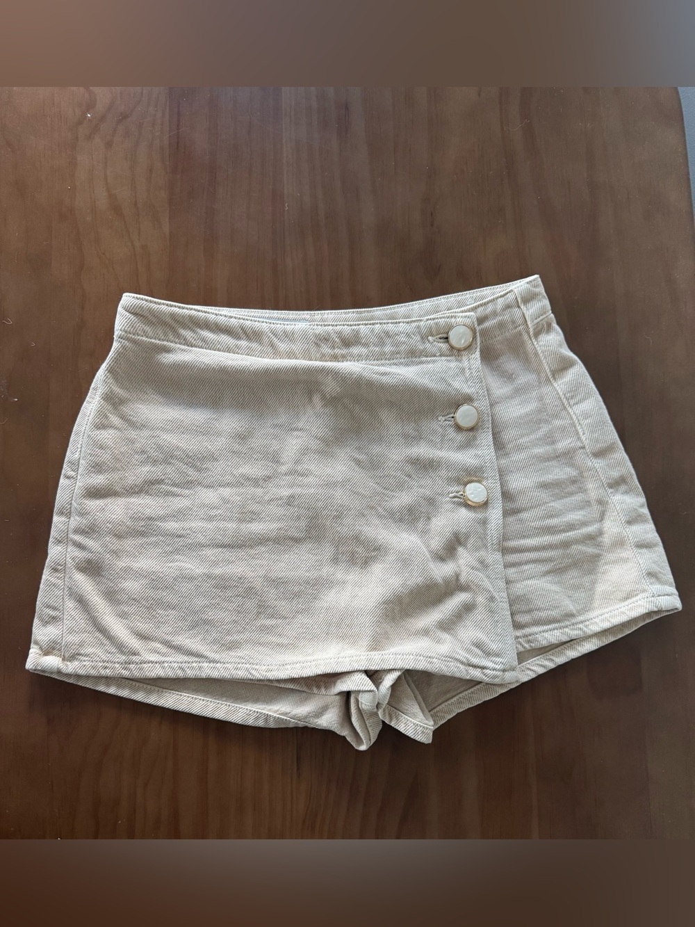Zara Cream Beige Asymmetric Button Wrap Denim Skort Size S
